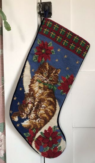 Cat With Kitten Christmas Stocking Needlepoint Multicolor With Poinsettias