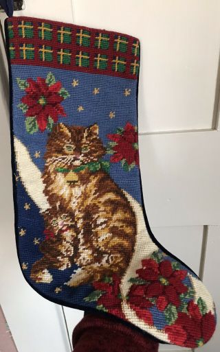 Cat With Kitten Christmas Stocking Needlepoint Multicolor With Poinsettias 2