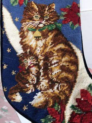 Cat With Kitten Christmas Stocking Needlepoint Multicolor With Poinsettias 3