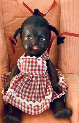 Vintage Black Composition Doll,  Plaid Red Dress,