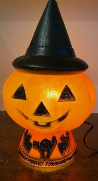 Vintage Halloween 12 Inch Tabletop Blow Mold Light Up Pumpkin With Hat