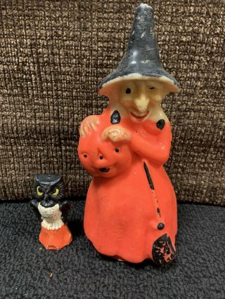 2 Vintage Gurley Halloween Candles Witch And Pumpkin & Owl 60s 70s Horror Rare