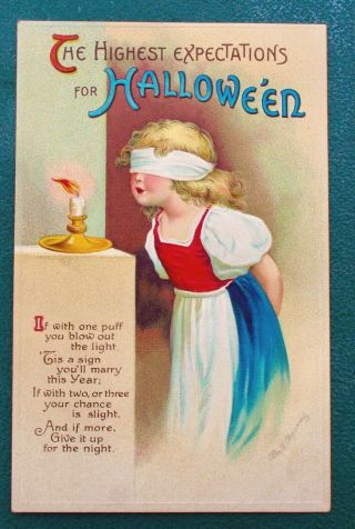 Vintage International Halloween Postcard,  Clapsaddle Blindfolded Girl Blows Candl