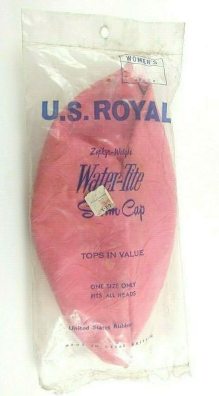 Vtg 1960s U.  S.  Royal Zephyr Weight Pink Swim Cap Great Britain Rubber Nos In Pkg