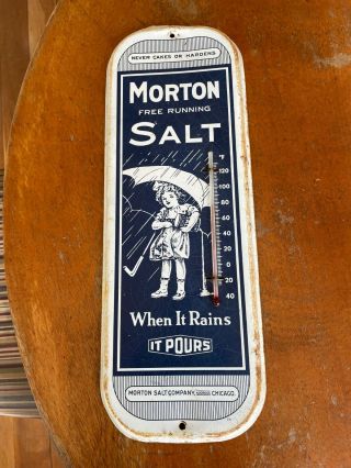 Vintage Advertising Sign / Thermometer Morton Salt Blue & White