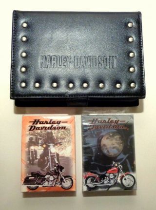 Harley Davidson Leather Carrying Case With 2 Decks Playing Cards Custom Designed