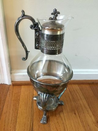 Vintage Silver Plate & Glass Coffee/tea Carafe Pitcher With Warmer Stand