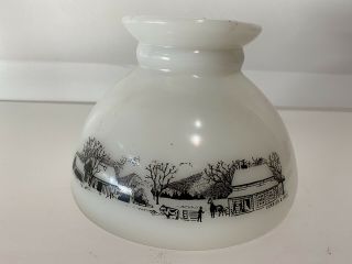 Vintage Currier & Ives White Milk Glass Hurricane Lamp Shade Farm Snow Scene 8 "