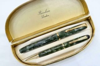 Burnham B48 Fountain Pen & Pencil,  Cased,  Green Marbled C1950 Fully Restored