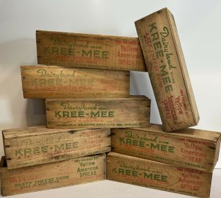Vintage Wooden Dairyland Kree Mee Cheese Food Box.  Set Of 8