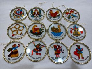 Vintage Set Of 12 Days Of Christmas Ornaments Hand Painted Glass Gold Rim