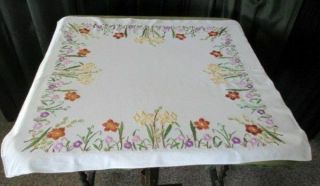 Vintage Tablecloth Hand Embroidered Daffodils & Spring Flowers