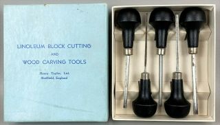 Vintage Set Of 5 Henry Taylor Linoleum Block Cutting Wood Carving Tools W/ Box