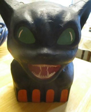 Vintage Style Halloween Black Cat Paper Mache Candy Pail With Wire Holder