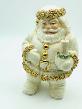 Santa Spaghetti Trim Japan Vintage Christmas Ceramic White Gold W/ Candle Wreath