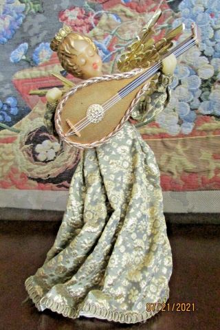 Vtg Koestel Wax Face Angel Tree Topper With Instrument 12 " Brocade Germany Euc