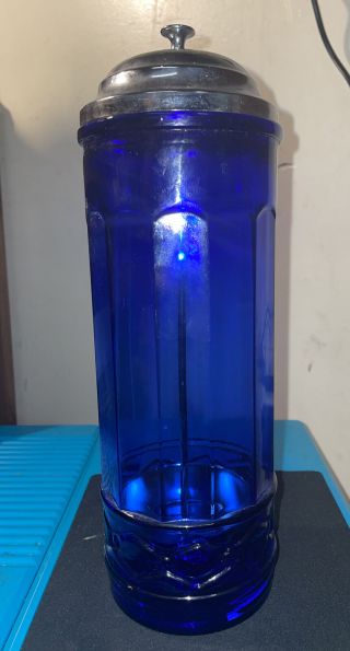 Rare Vintage Cobalt Blue Glass Straw Dispenser