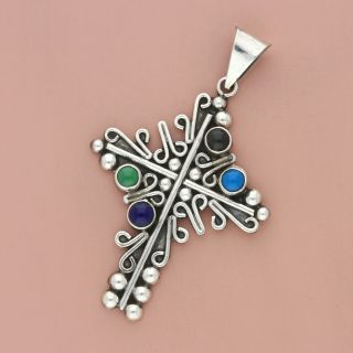 Vintage Sterling Silver Taxco Mexico Turquoise Lapis Cross Pendant