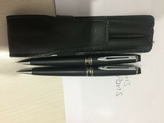 Waterman Black Ball Point Pen And Pencil Set - With Black Leather Case