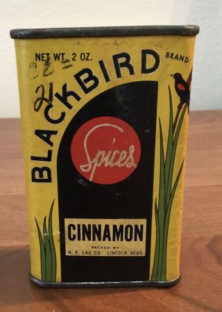 Vintage Blackbird Brand Cinnamon Spice Tin Can 2 Oz. ,  H.  P.  Lau Co.  Lincoln,  Ne