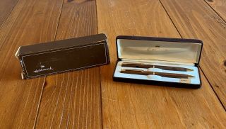 Vintage Hallmark Walnut Ball Point Pen And Pencil Set With Gold Trim And Case