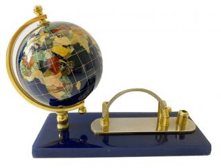 Vintage Executive Blue Globe Desk Set Brass Mid Century Card Pen Holder Lapis