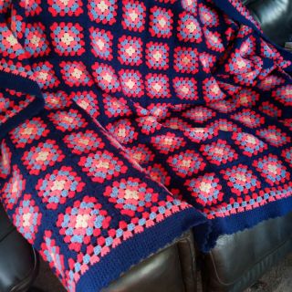Vintage Granny Square Hand Crocheted Afghan Blanket Throw 60 X 72