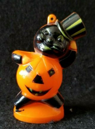 Vintage Halloween Pumpkin Black Cat Hard Plastic Candy Holder Rare
