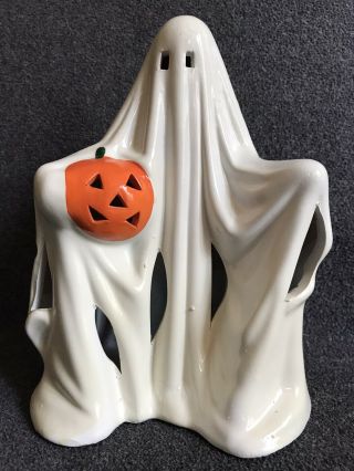 Halloween Vintage 1970s Ceramic Ghost W/pumpkin Candle Light Up Decoration Mold