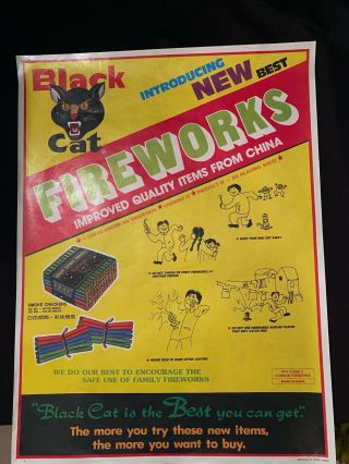 Vintage Black Cat Fireworks Advertising Instructional Poster Hong Kong