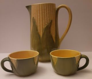 Vintage Shawnee Pottery Corn Pitcher 71 And 2 Corn Cups 90