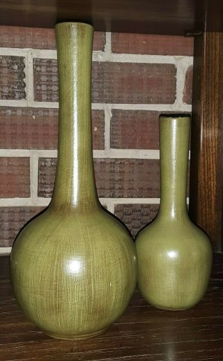 Set Of 2 - Vintage Royal Haeger Art Pottery Mid Century Green Bulbous Trumpet Vase