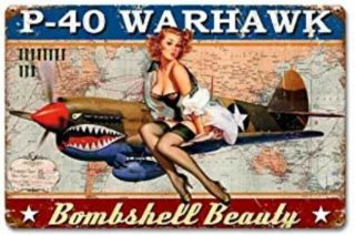 P - 40 Warhawk Tin Sign Bombshell Ww 2 Harlow Monroe Hayworth Bardot Russell 1.  00