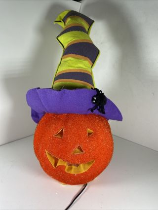 Halloween Fiber Optic Pumpkin With Light Up Witch Hat And Spider