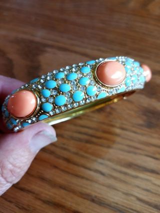 Vintage Kjl Style Faux Coral/turquoise Rhinestone Cuff Bracelet