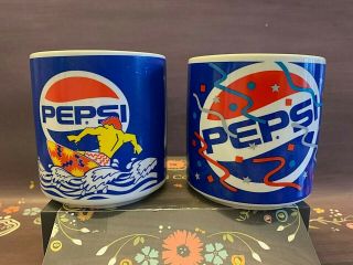 Vintage Pepsi Cola Coffee Mug Cups Set Of 2 Blue Ceramic Surfer