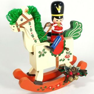 Vtg 1984 Enesco Santas Guard Musical Rocking Horse Wooden Christmas Decor W/ Box
