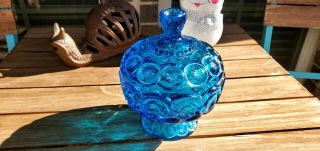 Vintage Le Smith Moon And Stars Blue Glass Candy Dish With Lid
