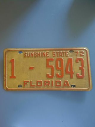 Vintage 1972 Florida Vehicle License Plate Car Sunshine State 1 - 5943