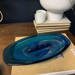Vintage Mid Century Modern Blue Glass Atomic Ashtray