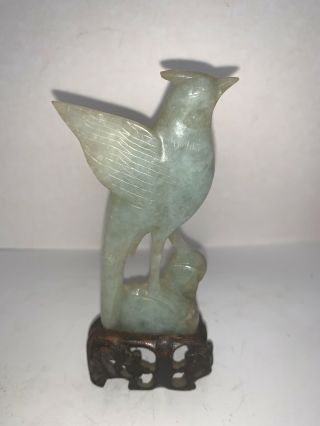 Vintage Asian Chinese Carved Green Jade Standing Bird Figure Wood Base