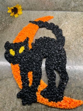 Vtg Melted Plastic Popcorn Halloween Decoration Black Cat W/ Moon 18” X 11”