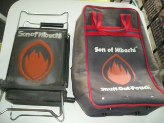 Vtg Son Of Hibachi Portable Cast Iron Charcoal Grill Fold Open W/snuff Out Bag