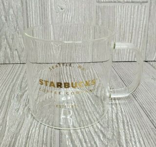 Htf Starbucks Clear Glass Mug Gold Lettering 18 Fl Oz Seattle Coffee Cup
