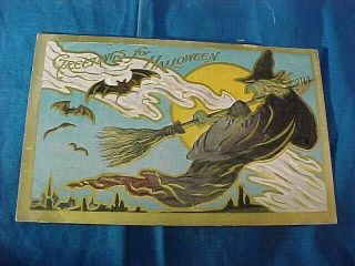 Early 20thc Halloween Postcard - W Witch On Broom Flying W Bats