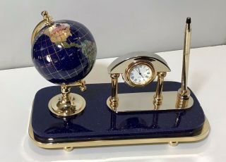 Vintage Executive Kalifano Blue Lapis Gemstones Globe Desk Set,  Clock Cross Pen