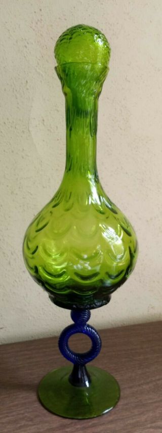 Vntg Mid Century Empoli Murano Italian Art Glass Decanter Genie Bottle Green