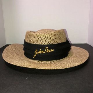 Vintage John Deere Woven Straw Sun Hat Wide Brim Embroidered Logo Black Band