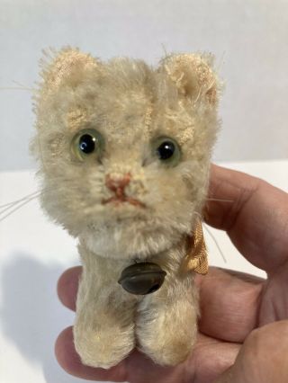Vintage Steiff Tabby Cat,  Mohair,  Ribbon & Bell,  No Button Or Tag,  3” Tall