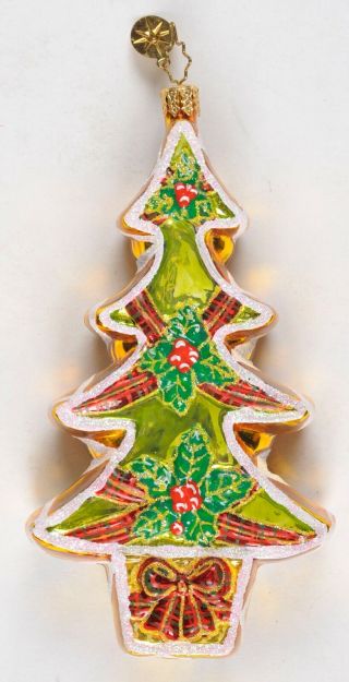 Christopher Radko Gold Christmas Tree With Holly Glass Ornament